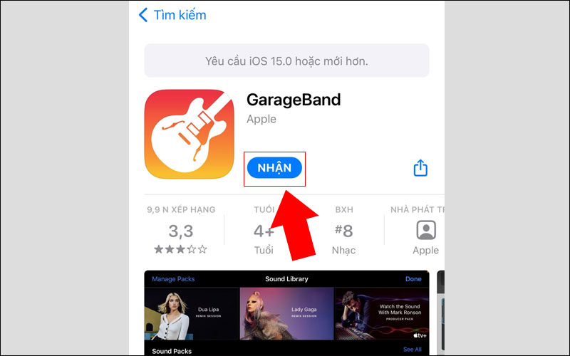 Chọn Nhận để tải GarageBand